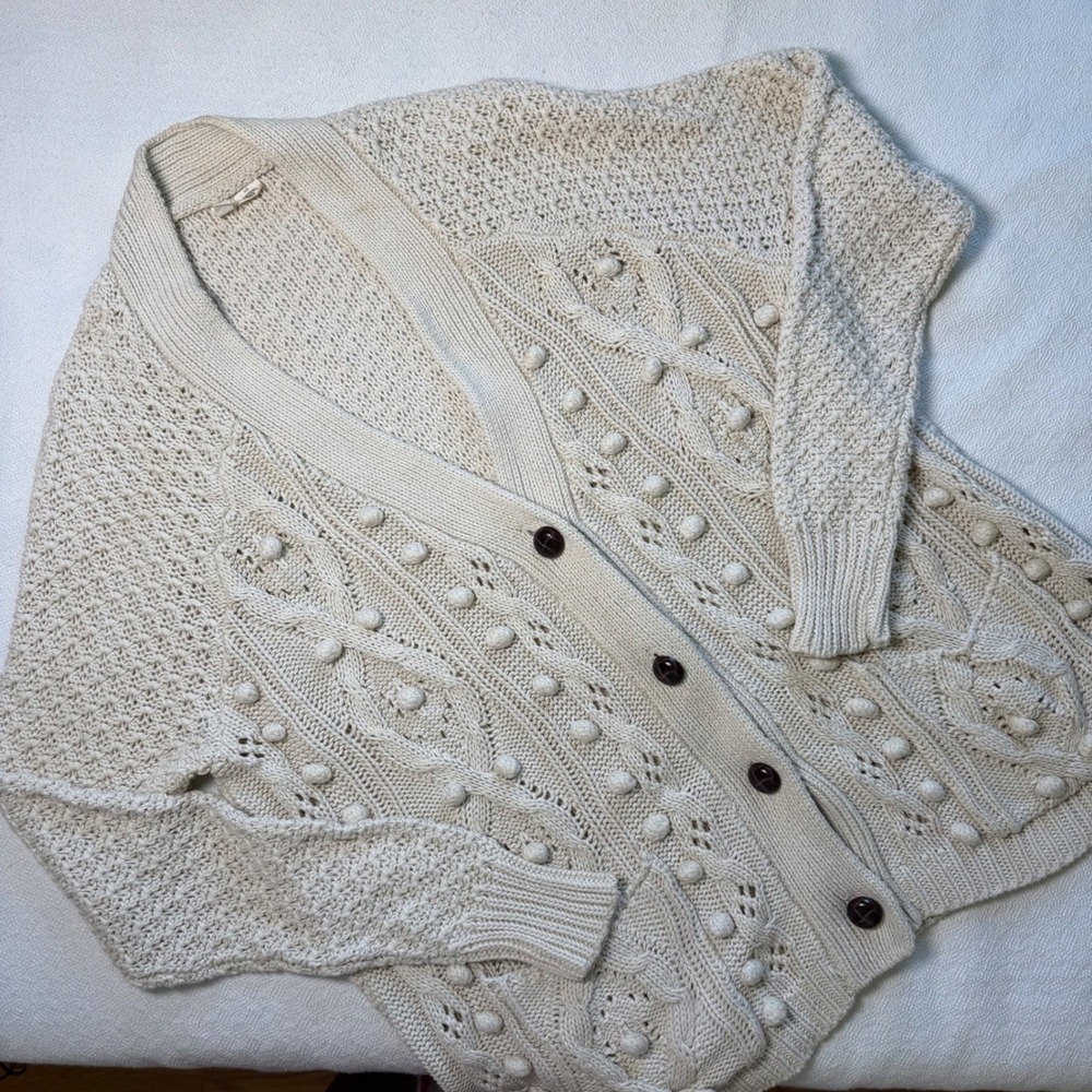 Moth Anthropologie Ivory Cotton Cable Knit Popcorn Bobble Cardigan Sweater LG